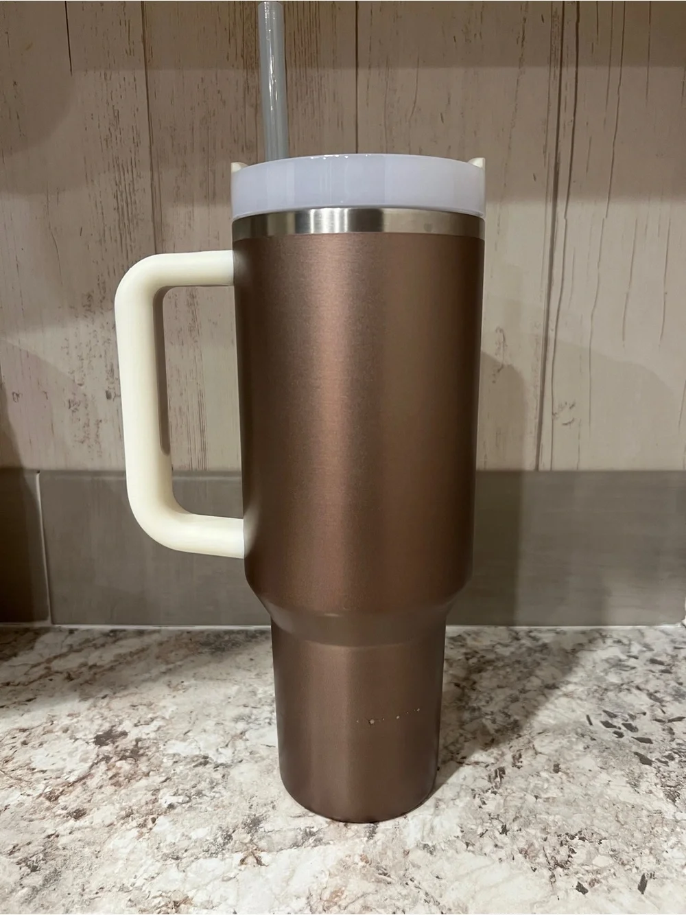 Stanley Brown Travel Tumbler with White Handle and Lid